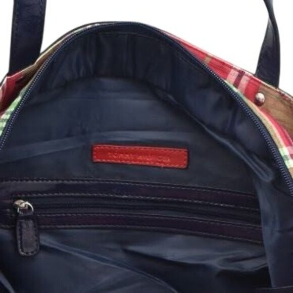Tommy Hilfiger Plaid Tote Bag Bow Accent Navy Handles - Picture 6 of 7